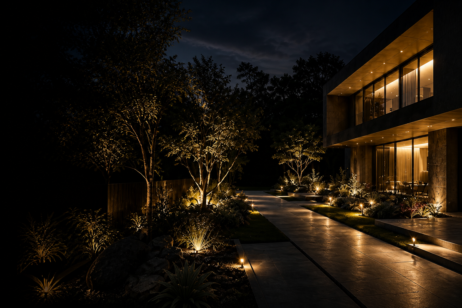 Exterior moderno com pavimento e iluminação